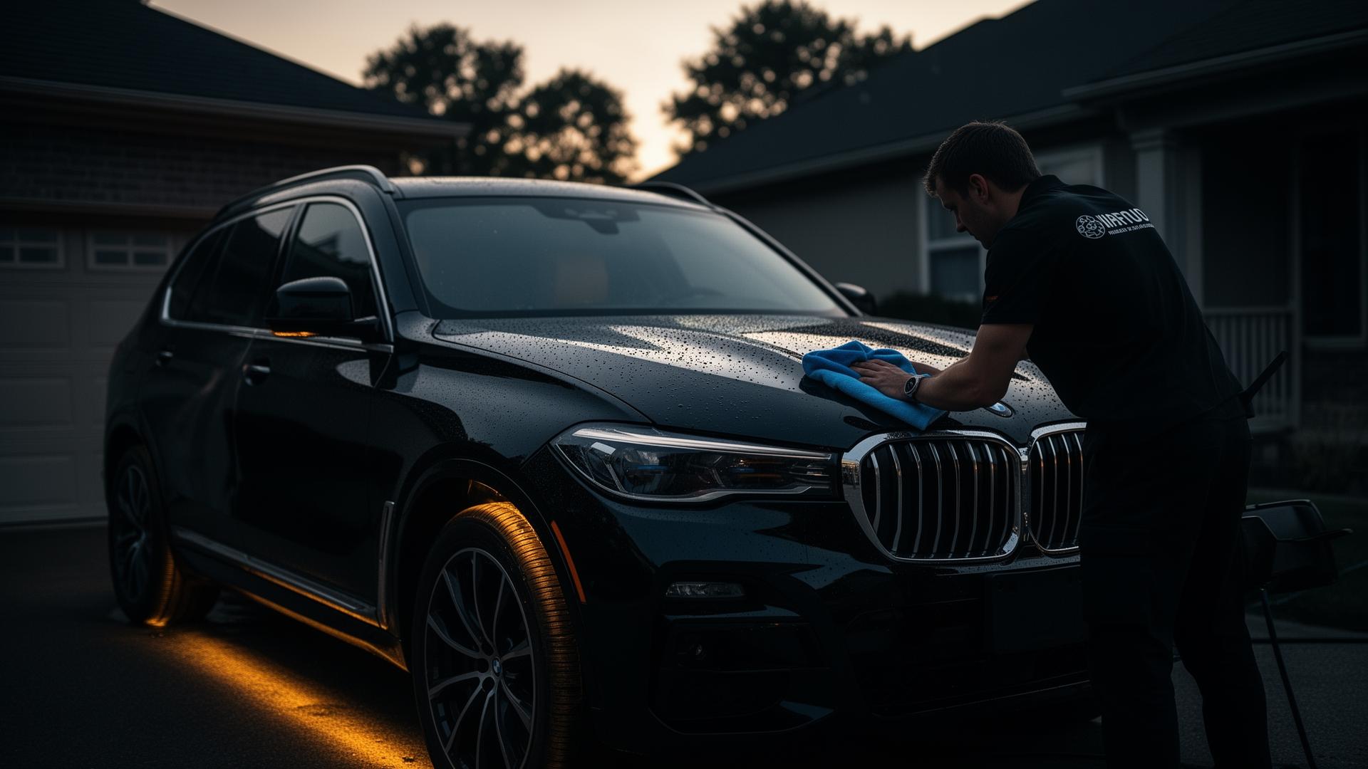 Brandon detailing a luxury black SUV at dusk