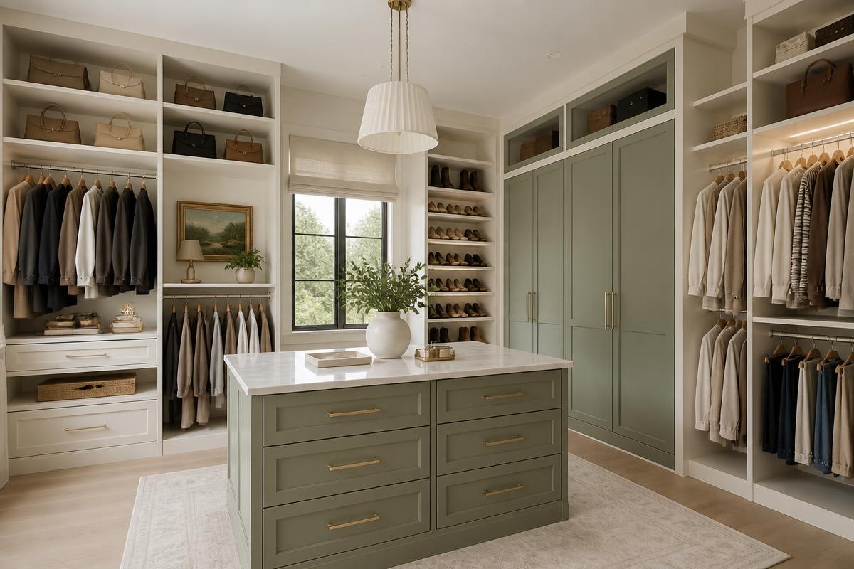 Luxury organized walk-in closet with sage green and warm white built-in shelving