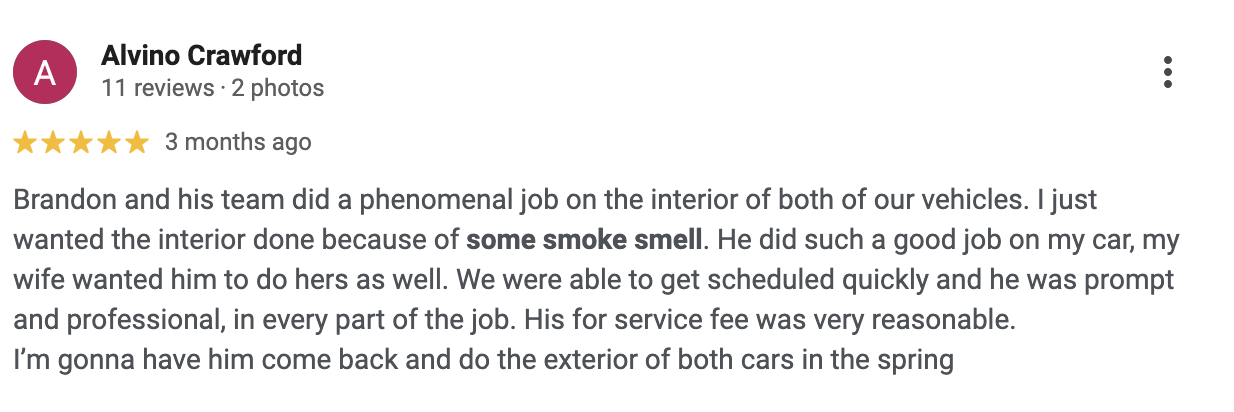 Alvino Crawford 5-star Google review - 3 months ago