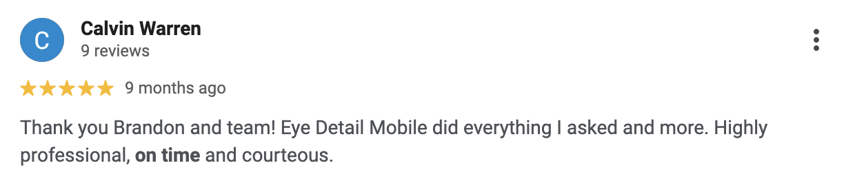 Calvin Warren 5-star Google review - 9 months ago